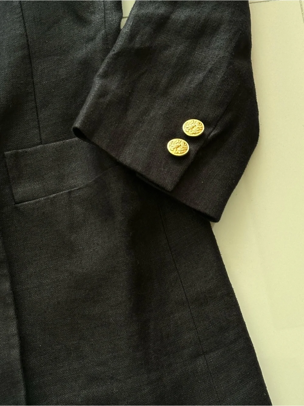 Vintage Dior Navy Linen Double-Breasted Blazer with Gold Crest Patch